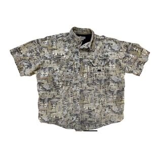 Oilfield Camo Shirt Mens Large Brown Gray Short Sleeve Button Front Hunting Boxy